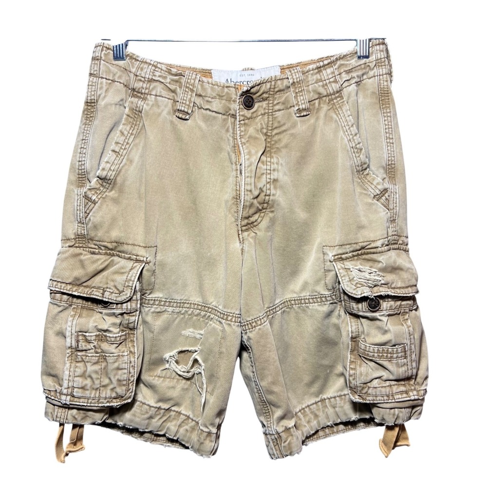Abercrombie & Fitch Y2K Distressed Cargo Shorts Drawstring Button Fly Khaki 30